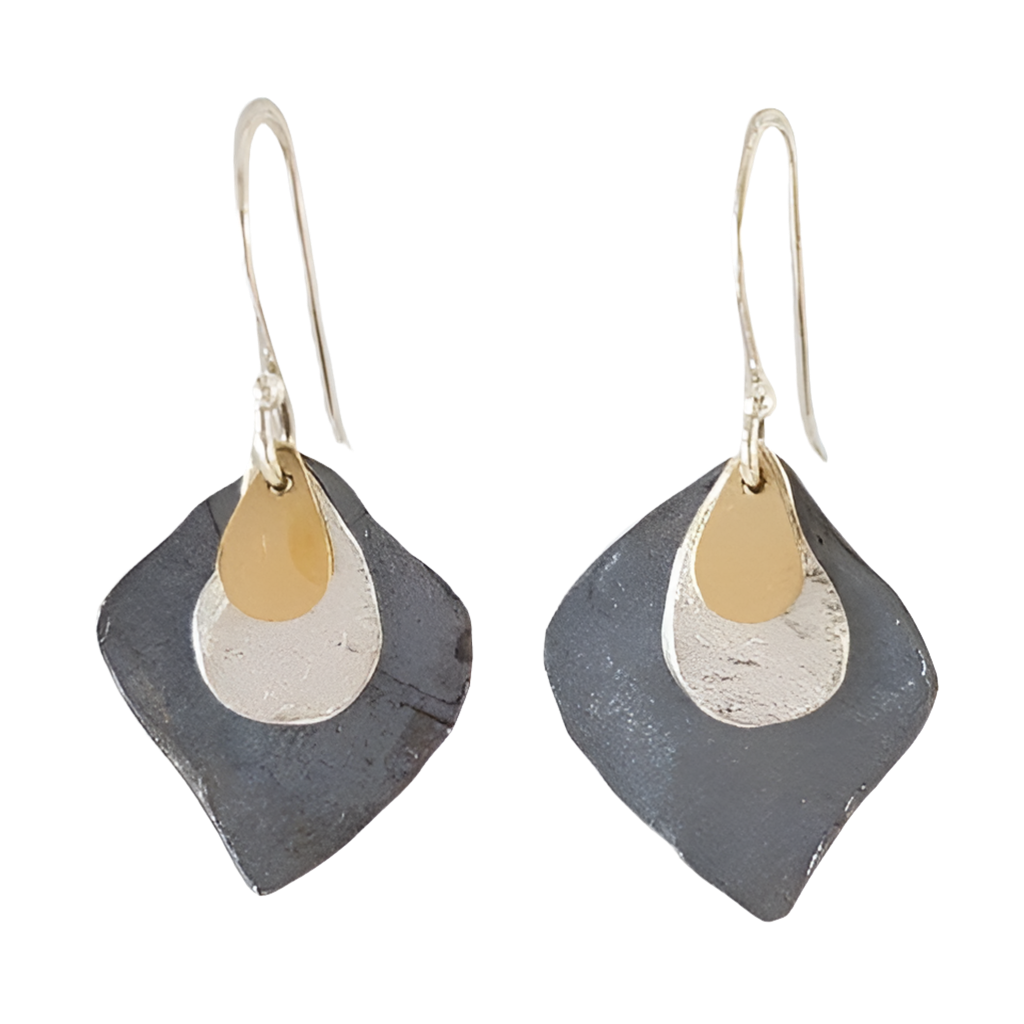 EARRINGS SILVER GOLD FILLED LAYERED LEAF SHAPE