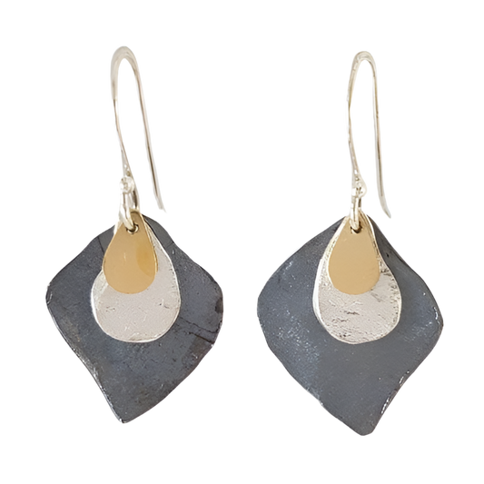 EARRINGS SILVER GOLD FILLED LAYERED LEAF SHAPE