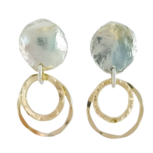 EARRINGS HANDMADE SILVER STUDS DOUBLE GOLD DROP