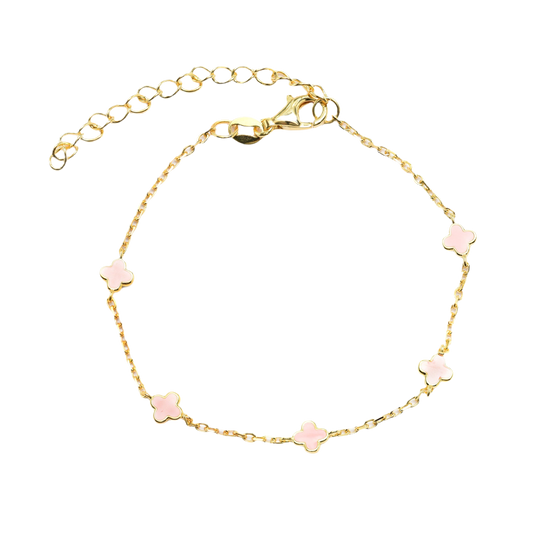 BRACELET PINK ENAMEL CLOVERS GOLD PLATED