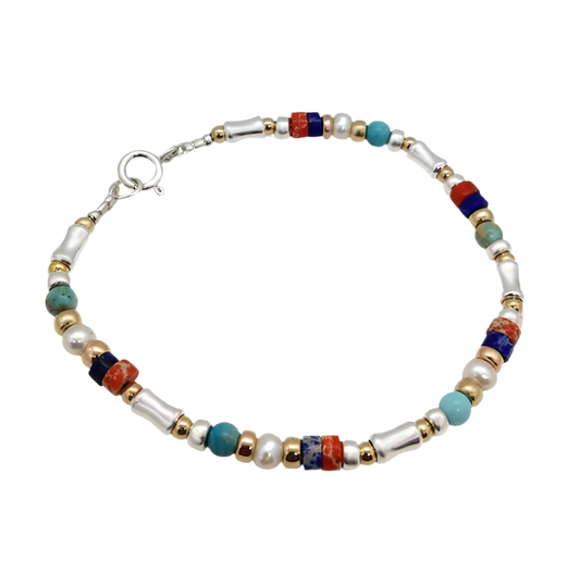 MULTI COLOURED STONE BRACELET WITH PEARLS GOLD