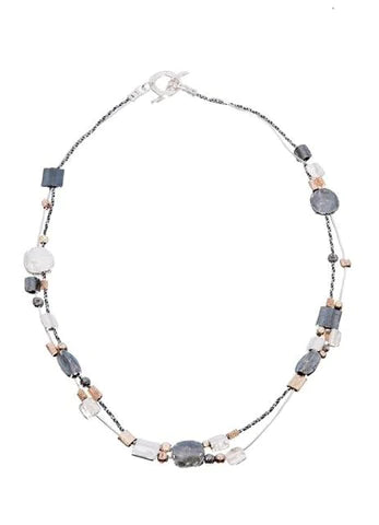 NECKLACE MULTI STRAND SILVER AND GOLD FILLED SHAPES