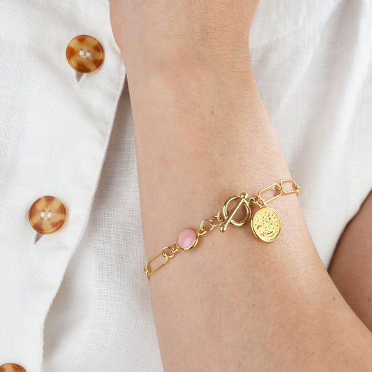 OPEN CLIP CHAIN BRACELET WITH MINI COIN & PINK OPAL