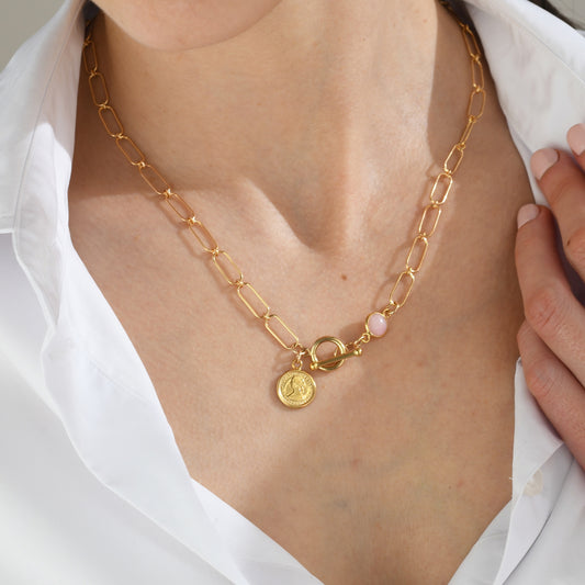 OPEN CLIP CHAIN NECKLACE WITH PINK OPAL & MINI COIN
