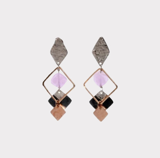 EARRINGS HANDMADE IN ISRAEL AMETHYST DIAMOND SHAPES