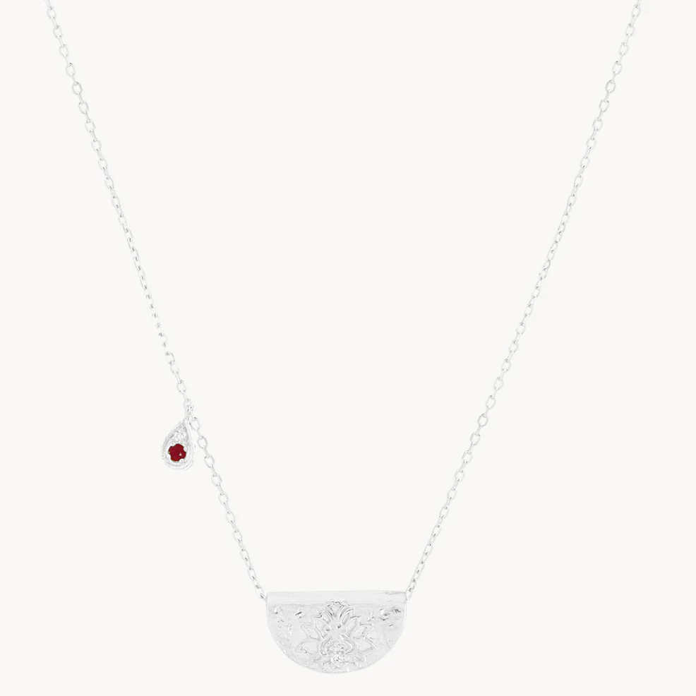 SILVER LOTUS BIRTHSTONE NECKLACE - FEBRUARY