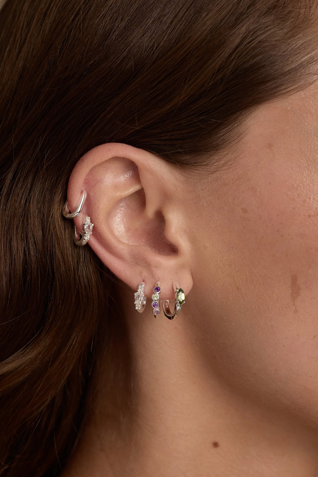 Amethyst & Tourmaline Silver Huggies