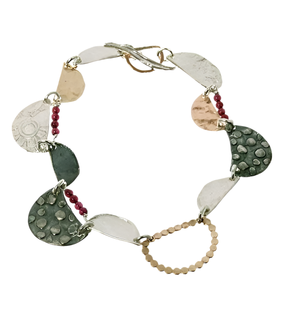 BRACELET HANDMADE STERLING AND GOLD FILLED DOTS AND GARNET