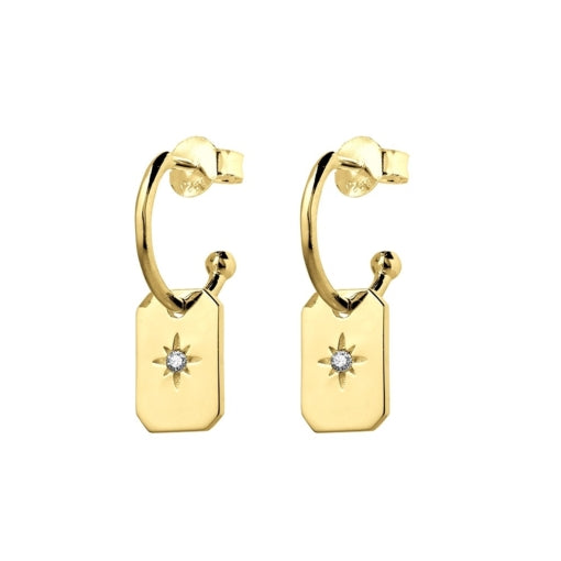 RECTANGLE CHARM ON GOLD HALF HOOPS
