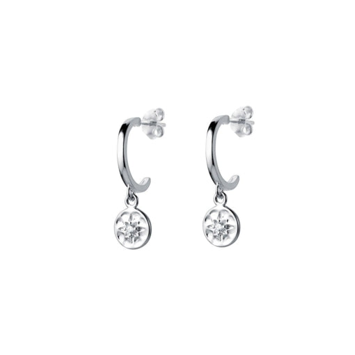 BEATEN CHARM ON SILVER HALF HOOPS