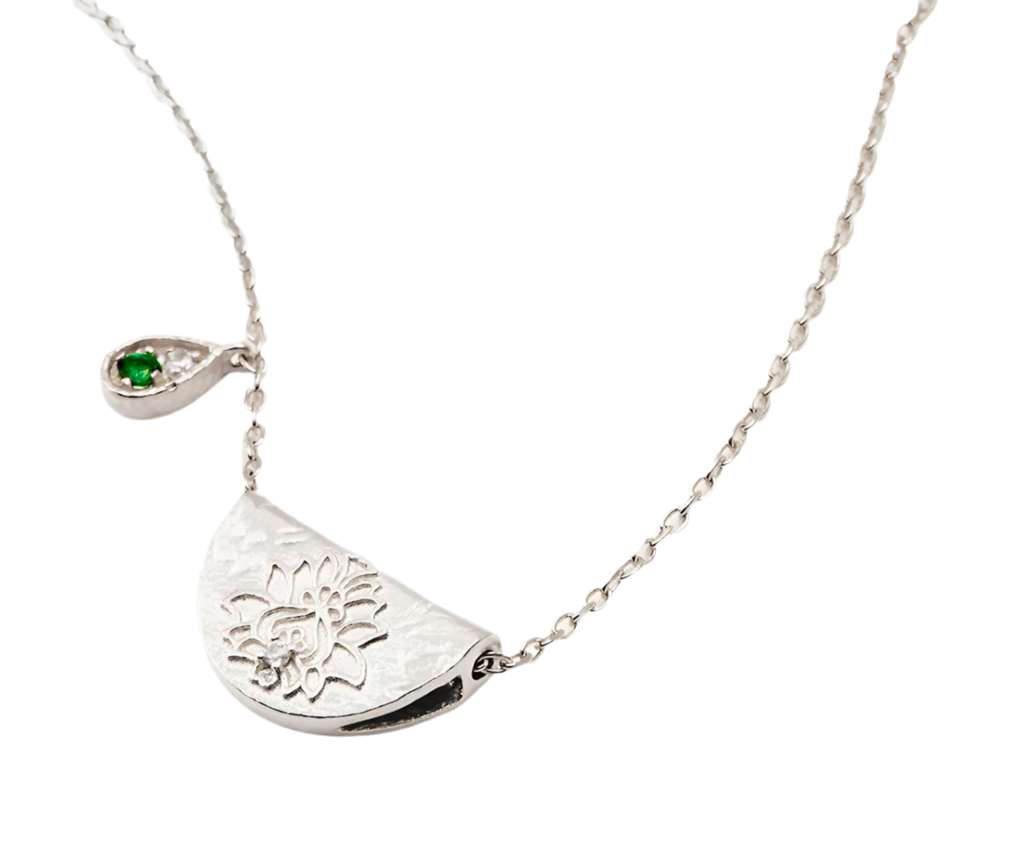 SILVER LOTUS BIRTHSTONE NECKLACE - MAY