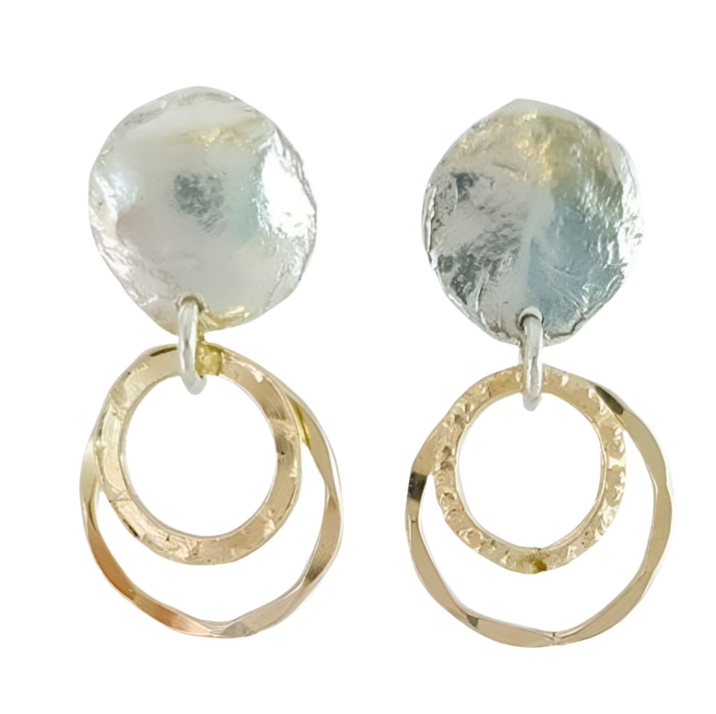 EARRINGS HANDMADE SILVER STUDS DOUBLE GOLD DROP