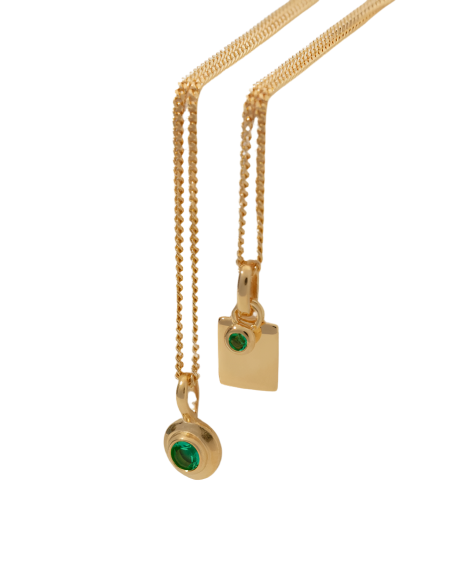 ENGRAVABLE BIRTHSTONE NECKLACE (EMERALD) - YELLOW GOLD PLATED