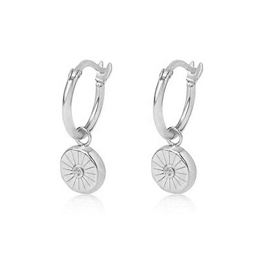 CIRCLE CHARM ON SILVER HOOPS