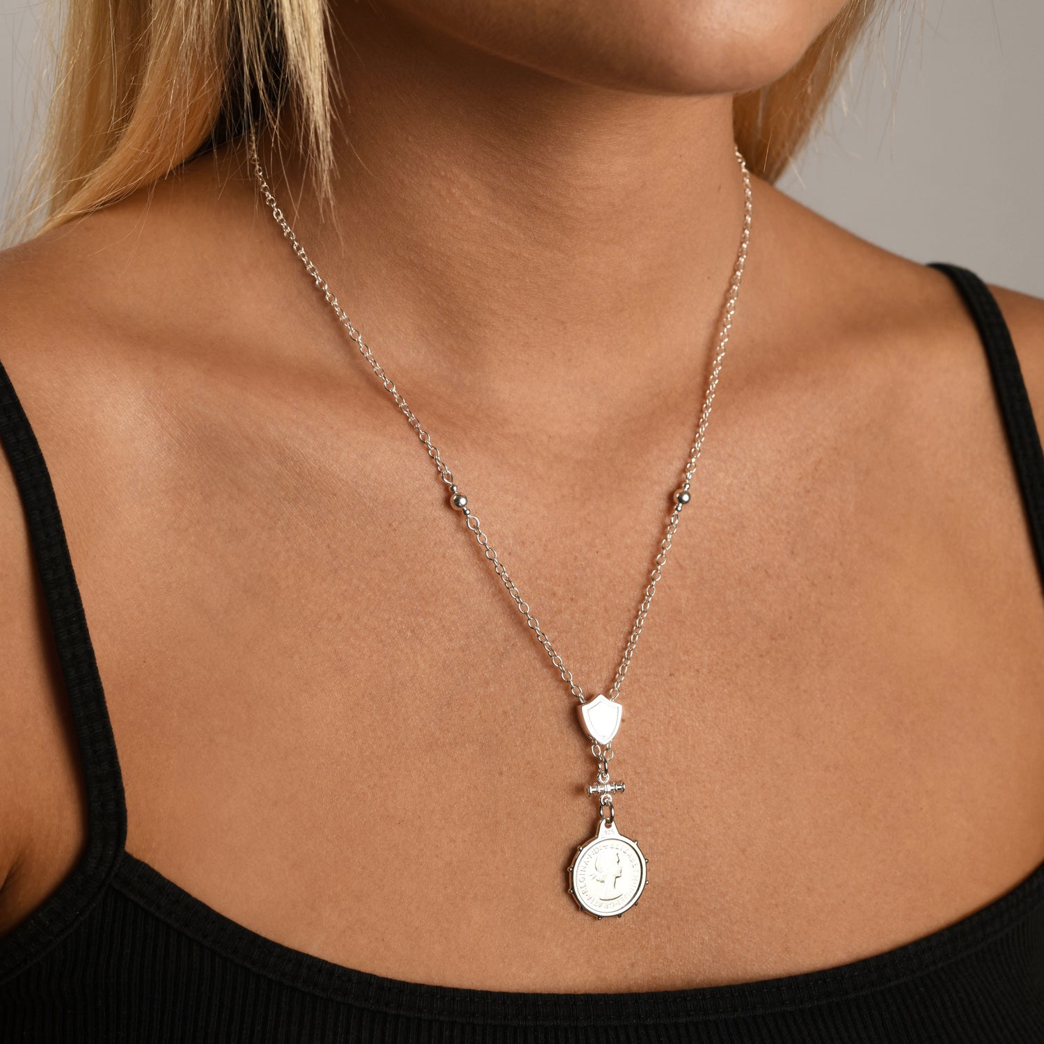 SHIELD & THREEPENCE CABLE CHAIN NECKLACE