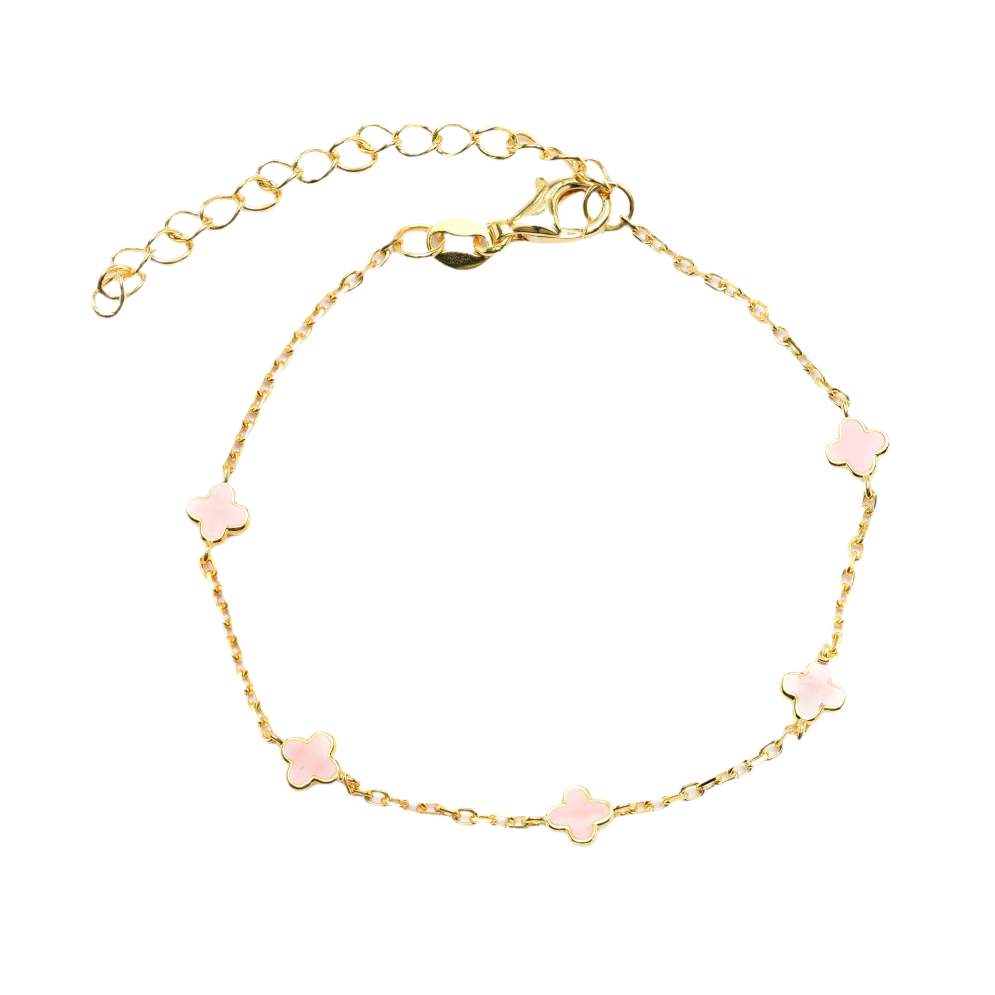 BRACELET PINK ENAMEL CLOVERS GOLD PLATED