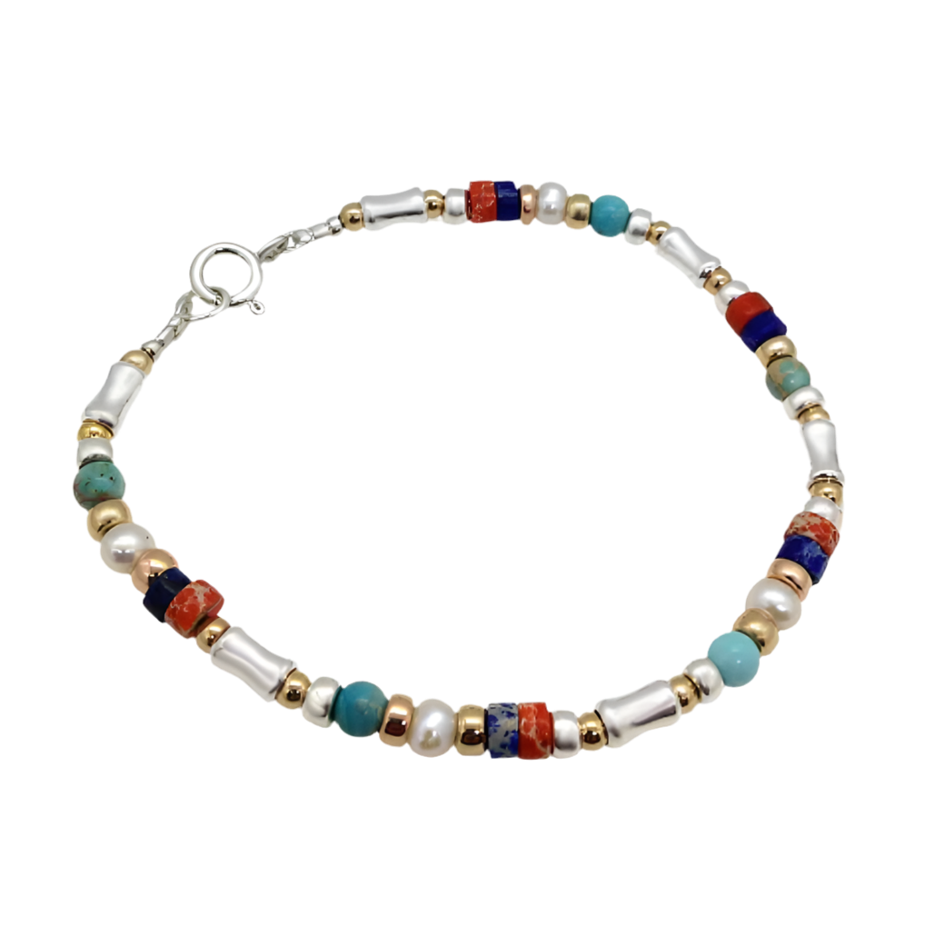 MULTI COLOURED STONE BRACELET WITH PEARLS GOLD