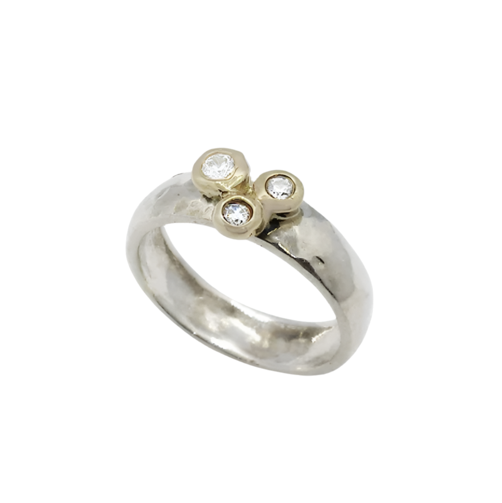 STERLING SILVER RING WITH 9CT GOLD TRIO DIAMOND DETALI