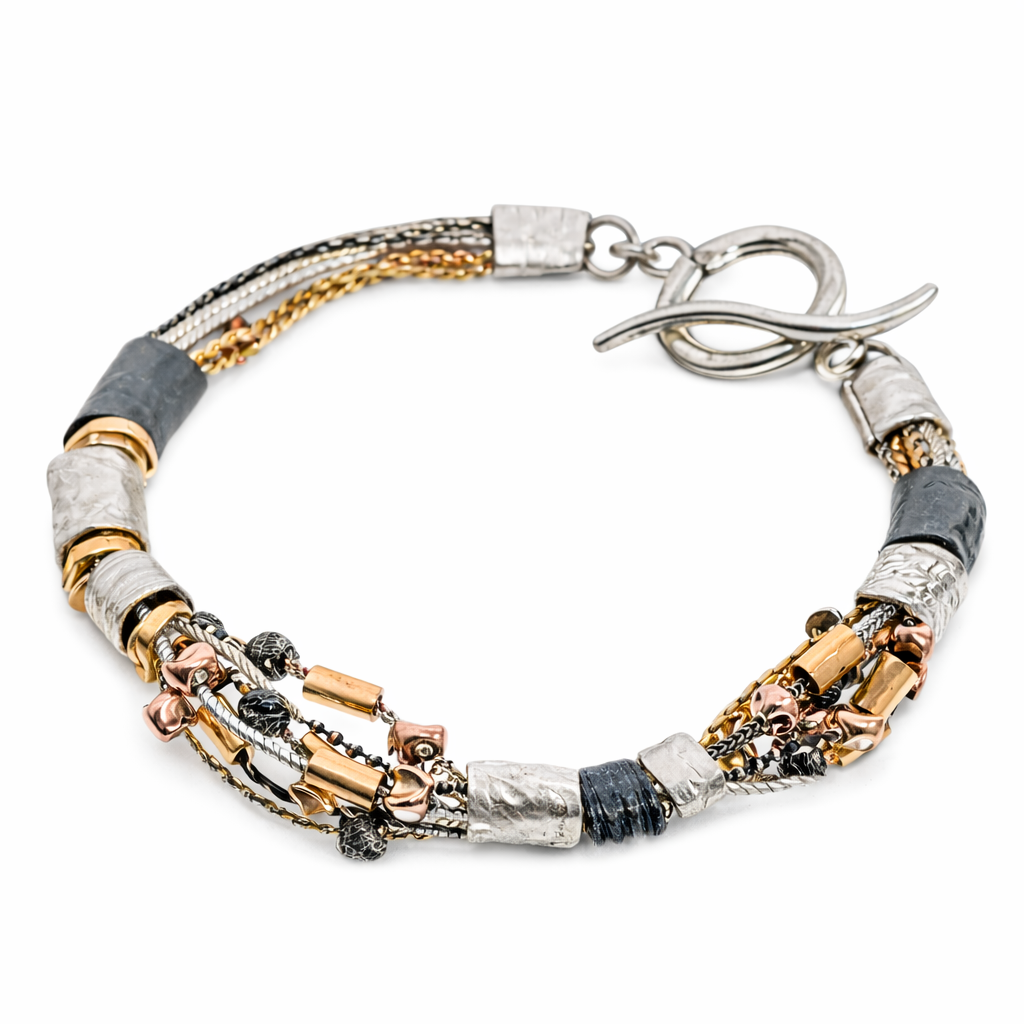BRACELET SILVER WITH GOLD BALLS AND TUBES
