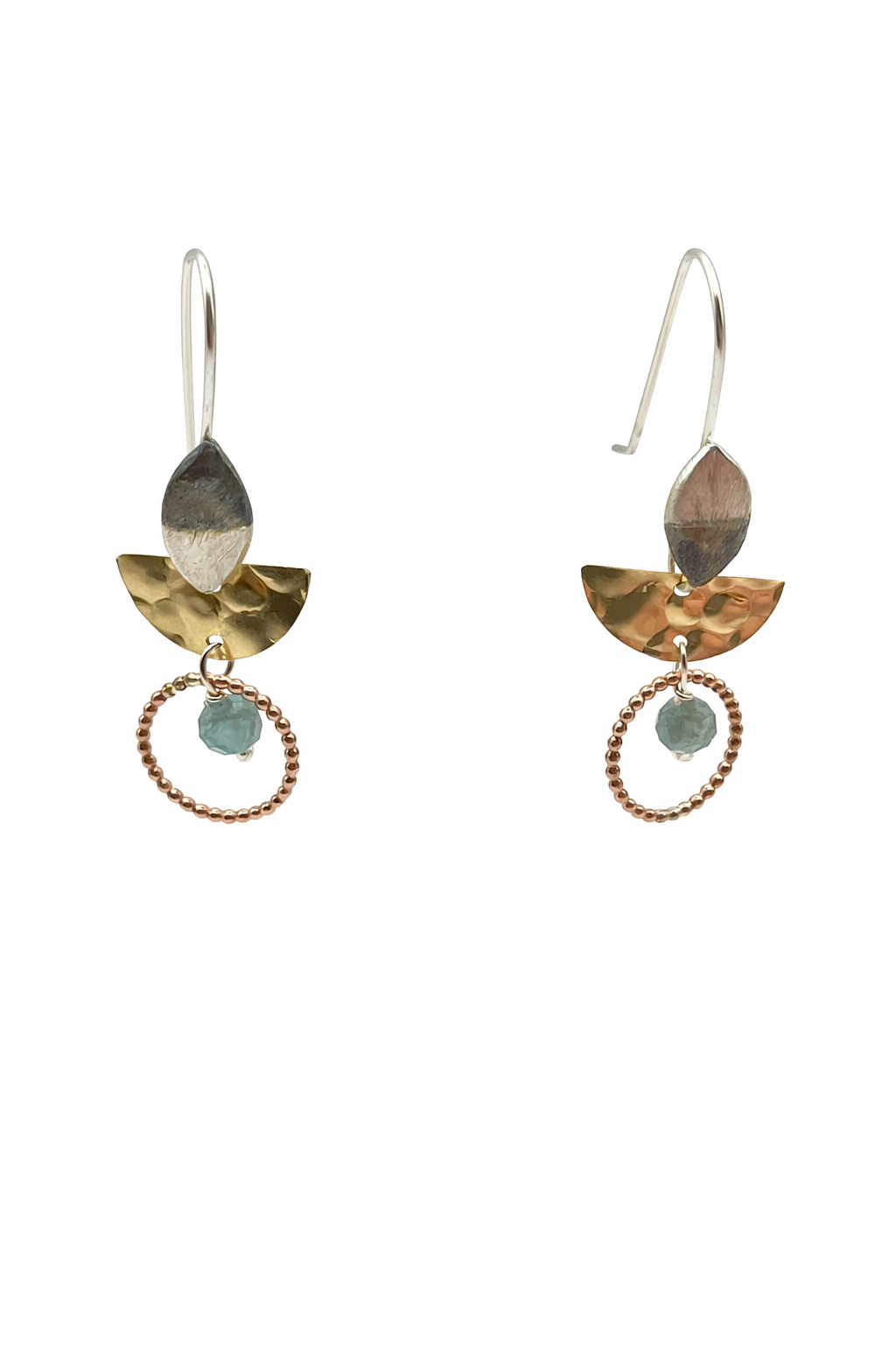 HANDMADE GOLD FAN WITH APATITE AND ROSE GOLD BEADED DROP