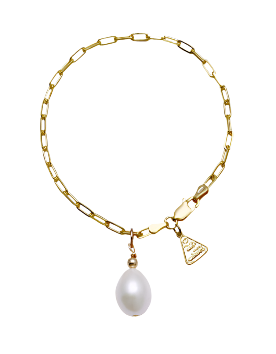 FINE CLIP CHAIN BRACELET WITH OVAL PEARL - GOLD