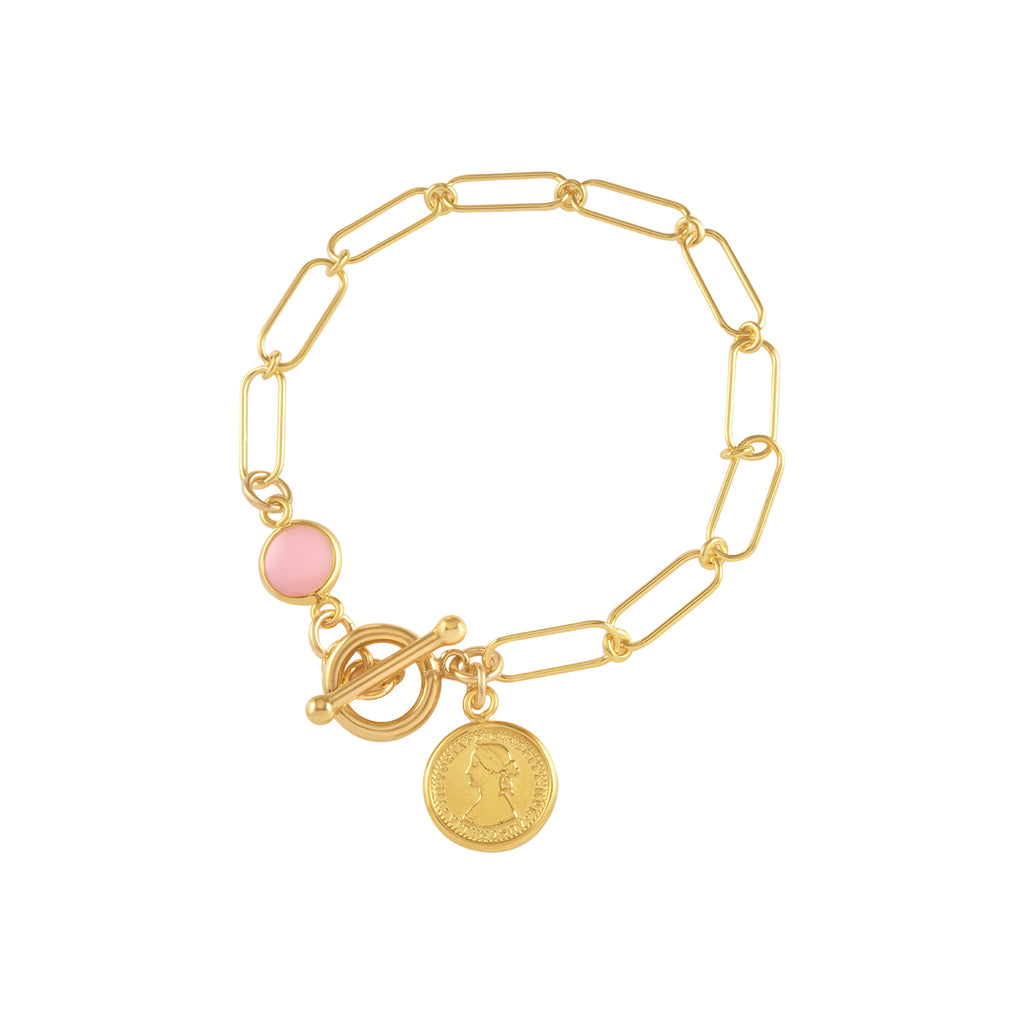 OPEN CLIP CHAIN BRACELET WITH MINI COIN & PINK OPAL