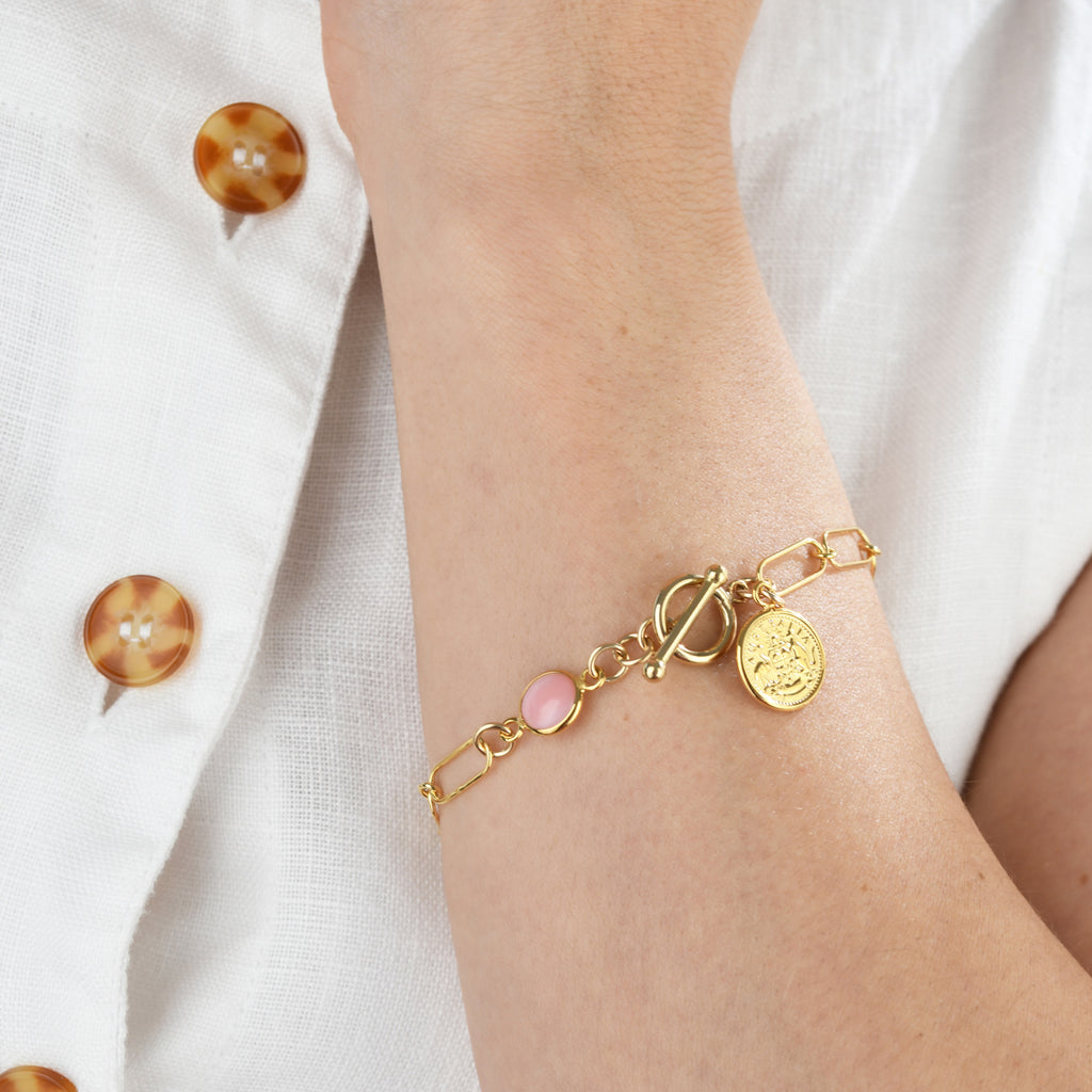 OPEN CLIP CHAIN BRACELET WITH MINI COIN & PINK OPAL