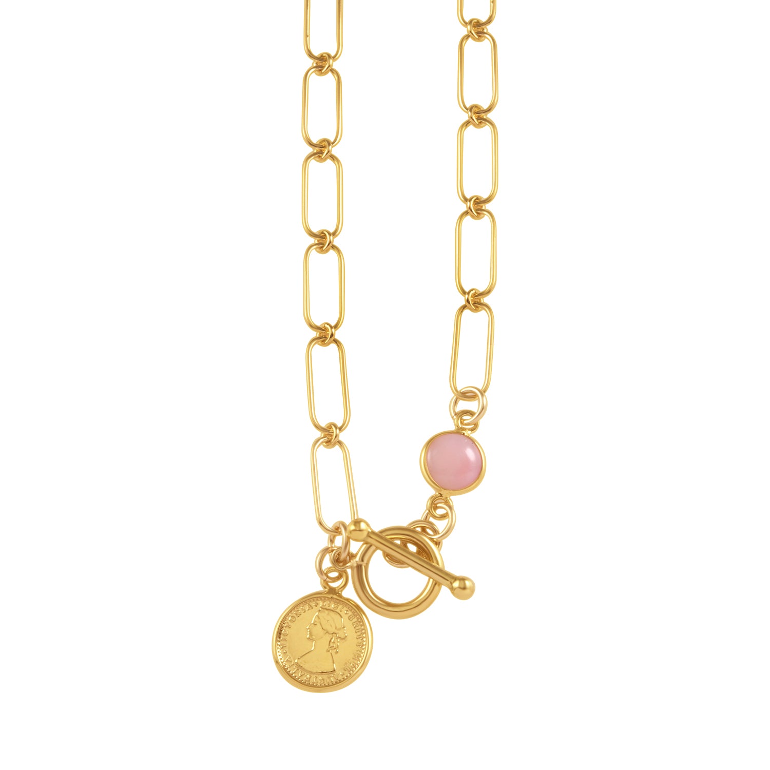 OPEN CLIP CHAIN NECKLACE WITH PINK OPAL & MINI COIN