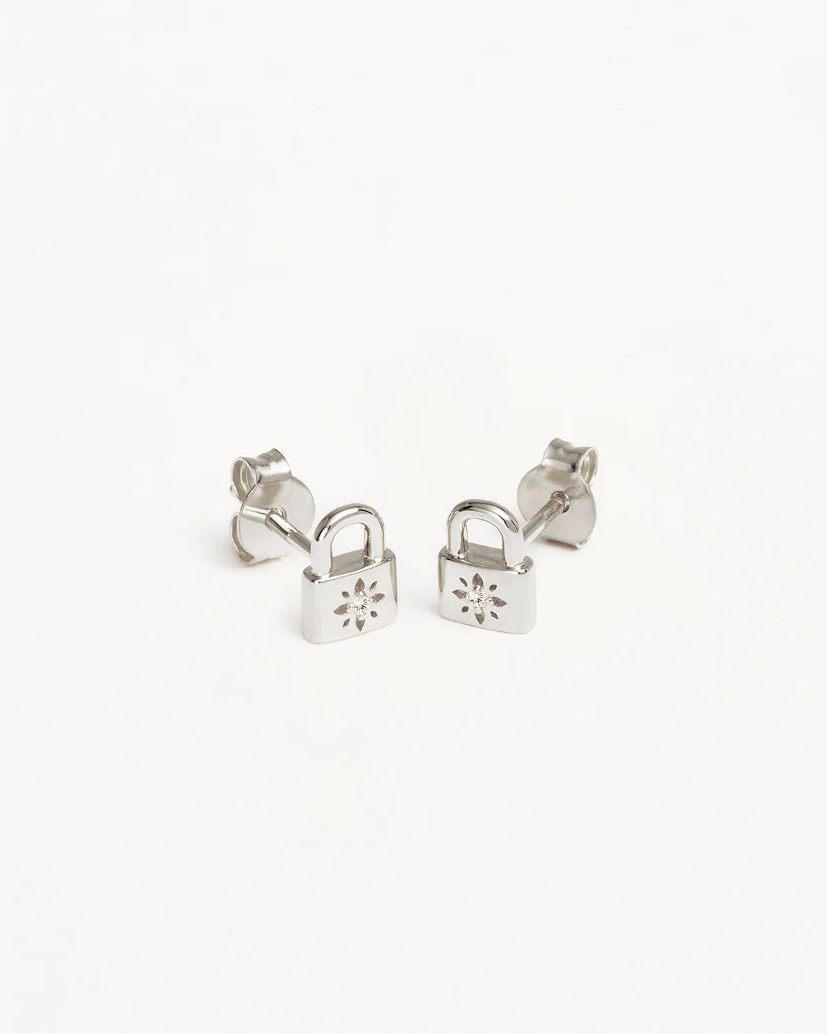 Sterling Silver Crystal Lotus Padlock Stud Earrings