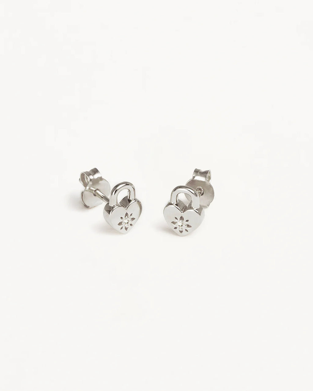 Sterling Silver Crystal Lotus Heart Padlock Stud Earrings