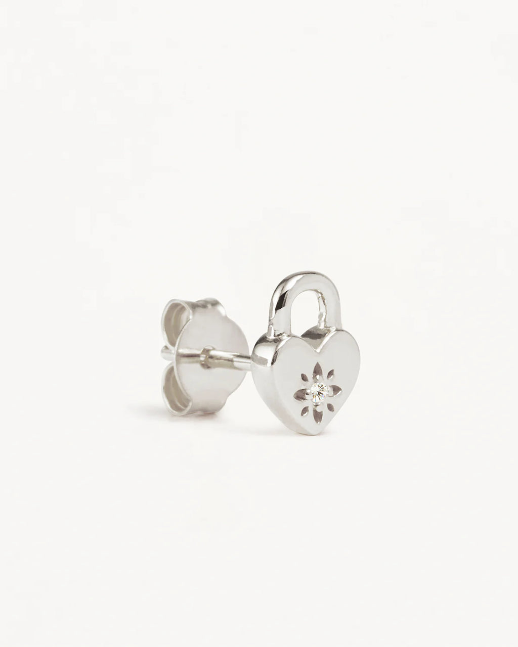 Sterling Silver Crystal Lotus Heart Padlock Stud Earrings