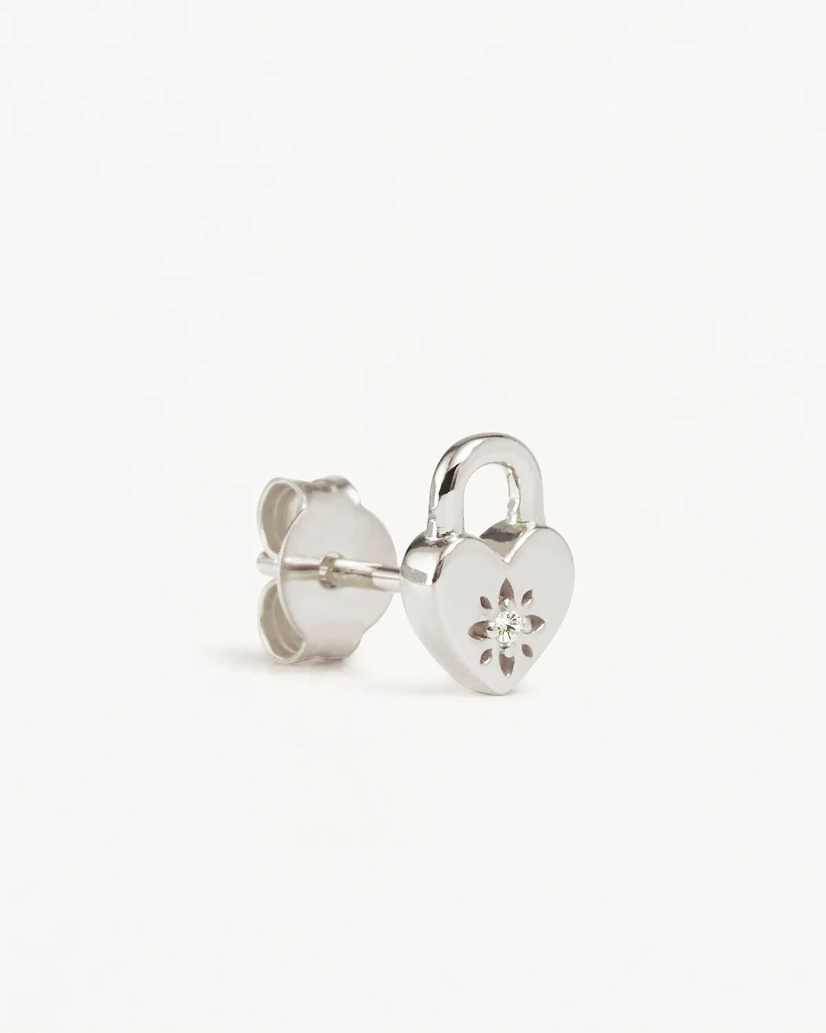 Sterling Silver Crystal Lotus Heart Padlock Stud Earrings