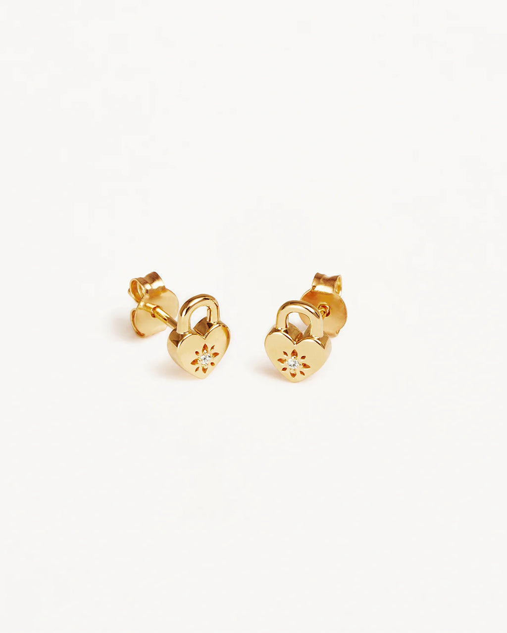 18k Gold Vermeil Crystal Lotus Heart Padlock Stud Earrings