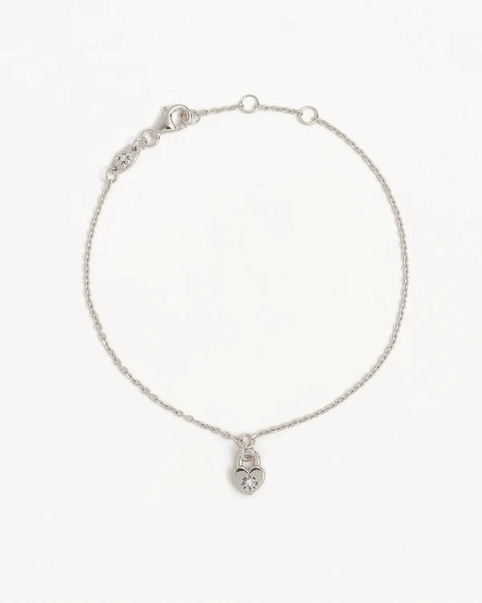 Sterling Silver Crystal Lotus Heart Padlock Bracelet