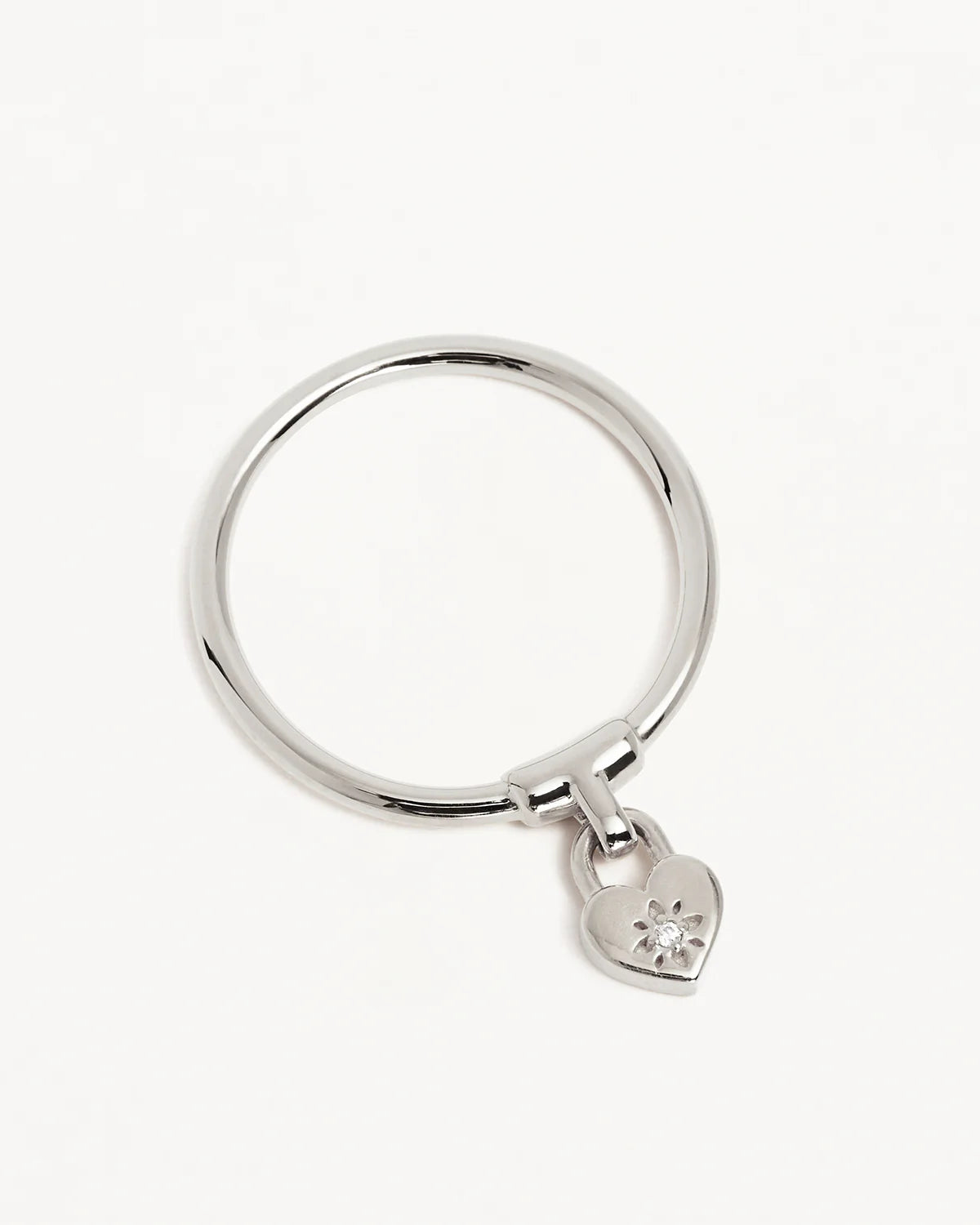 Sterling Silver Crystal Lotus Heart Padlock Ring