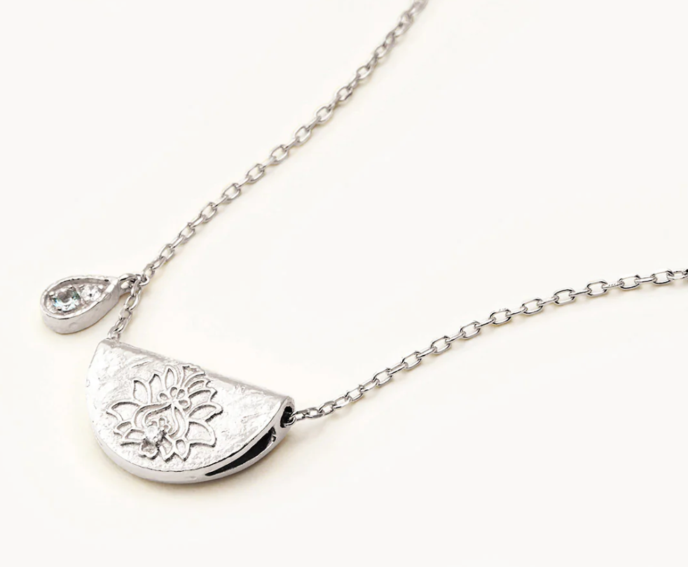 SILVER LOTUS BIRTHSTONE NECKLACE - MARCH