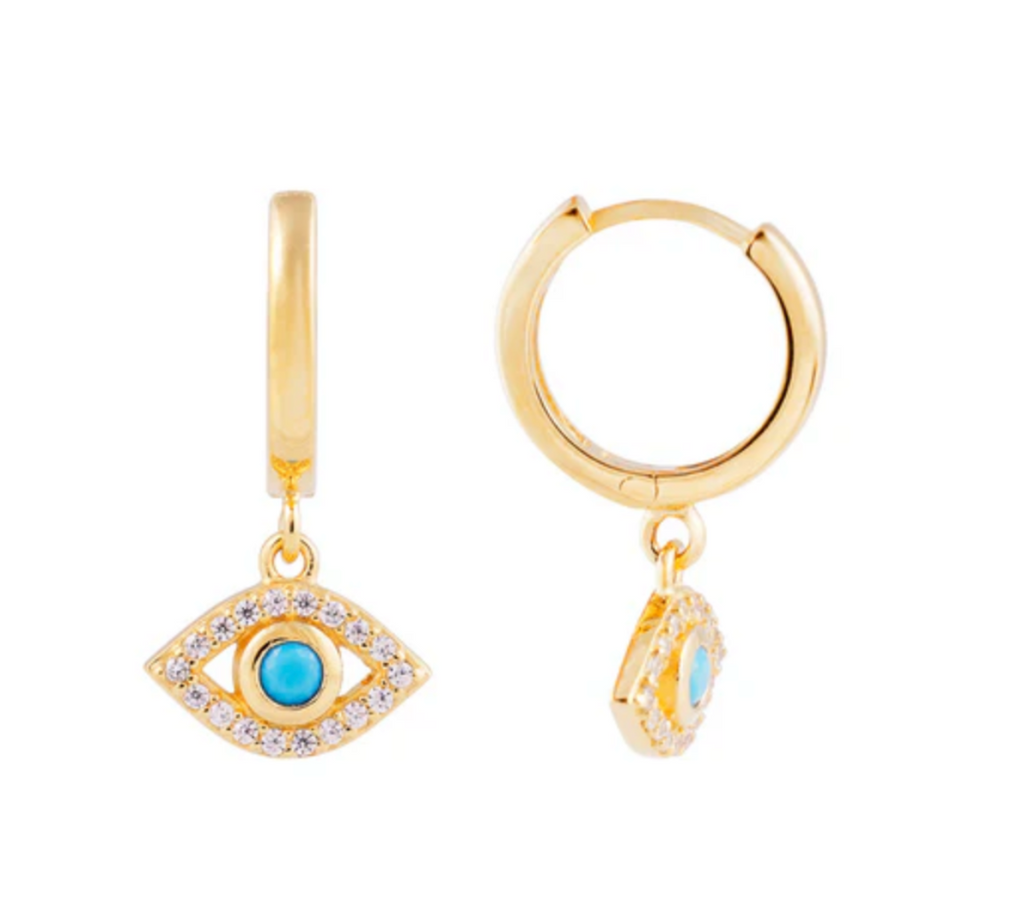 TURQUOISE EVIL EYE HOOPS - GOLD