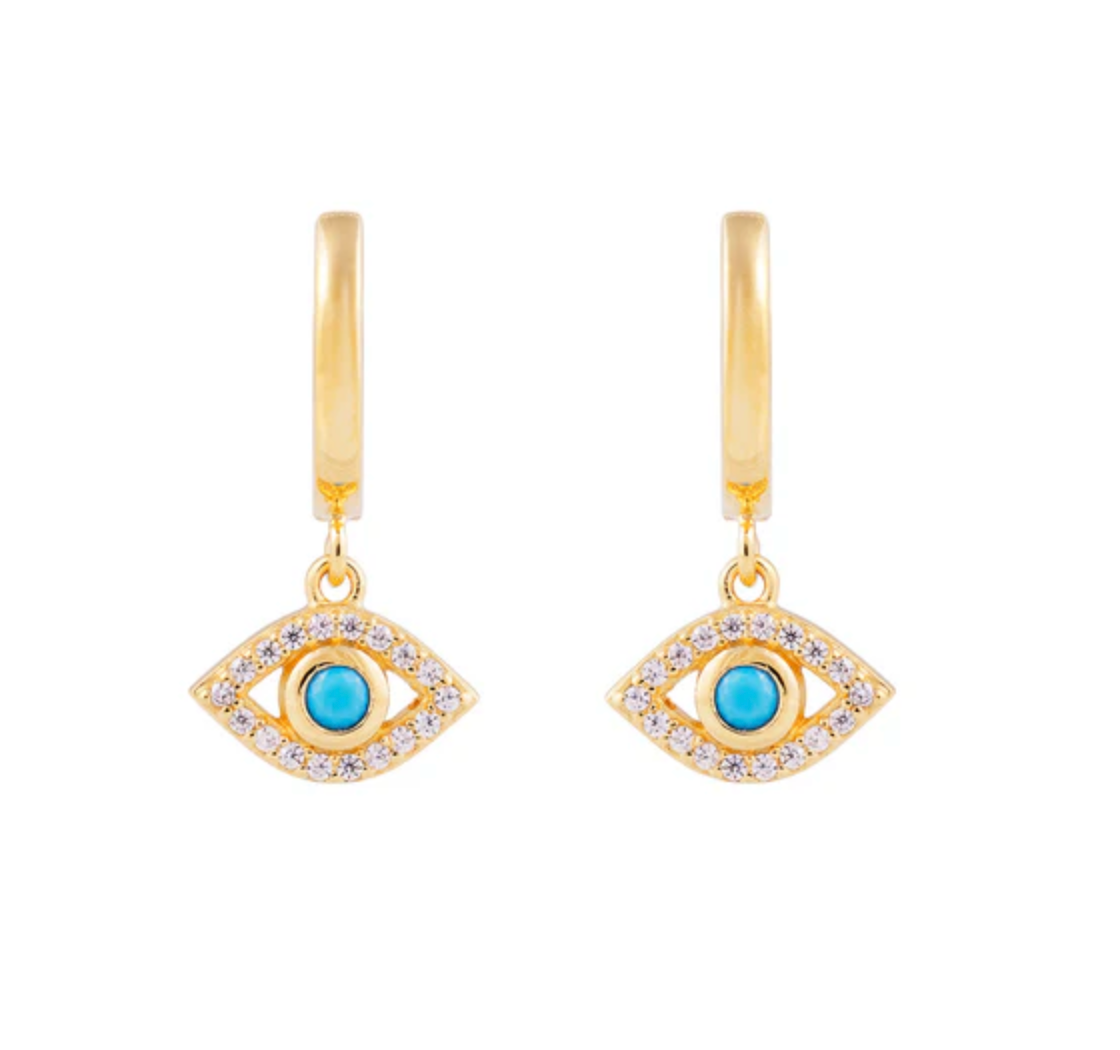 TURQUOISE EVIL EYE HOOPS - GOLD