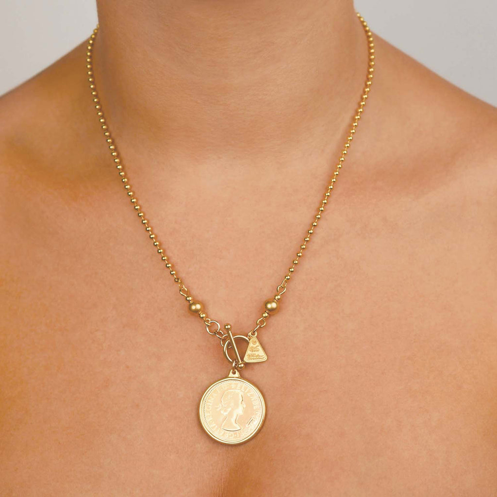 BALL CHAIN NECKLACE WITH SHILLING - GOLD