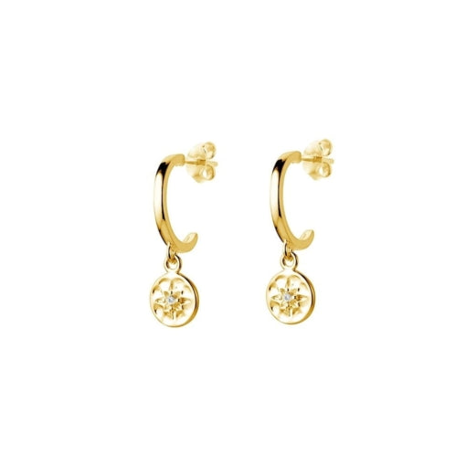 BEATEN CHARM ON GOLD HALF HOOPS