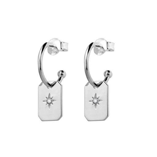 RECTANGLE CHARM ON SILVER HALF HOOPS
