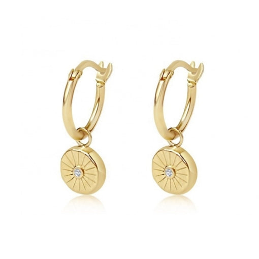 CIRCLE CHARM ON GOLD HOOPS