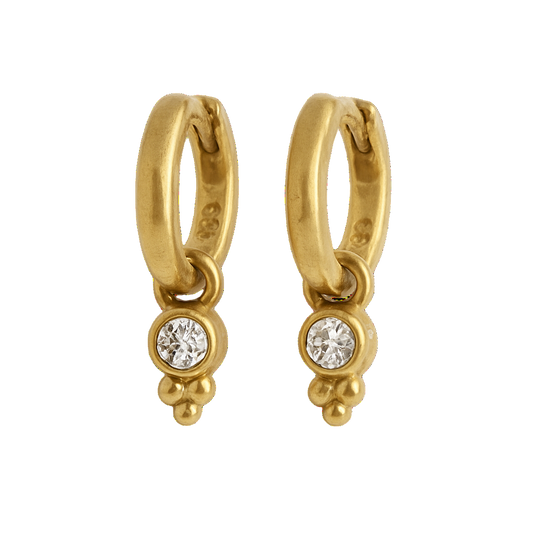 Gold hoop earrings with small round gemstones on a white background