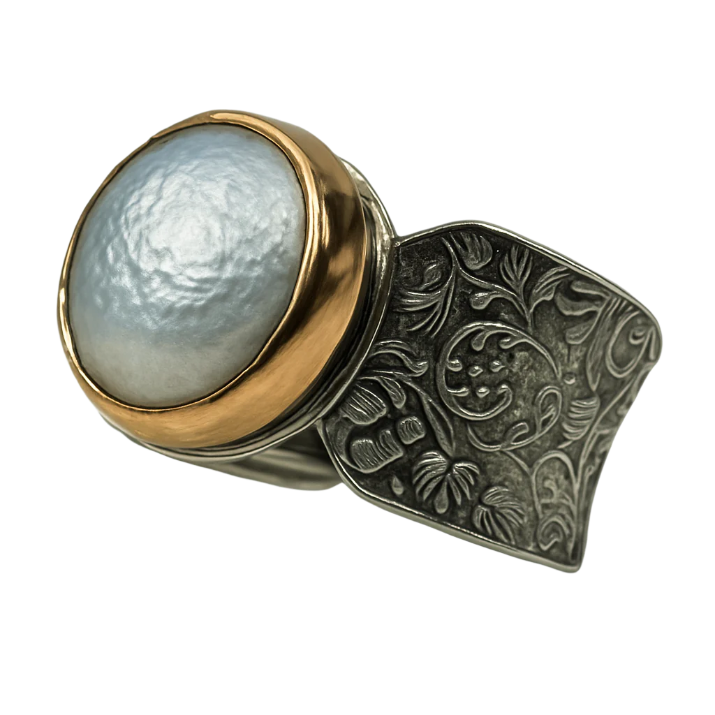 HANDMADE PEARL RING WITH FLORAL DETAIL